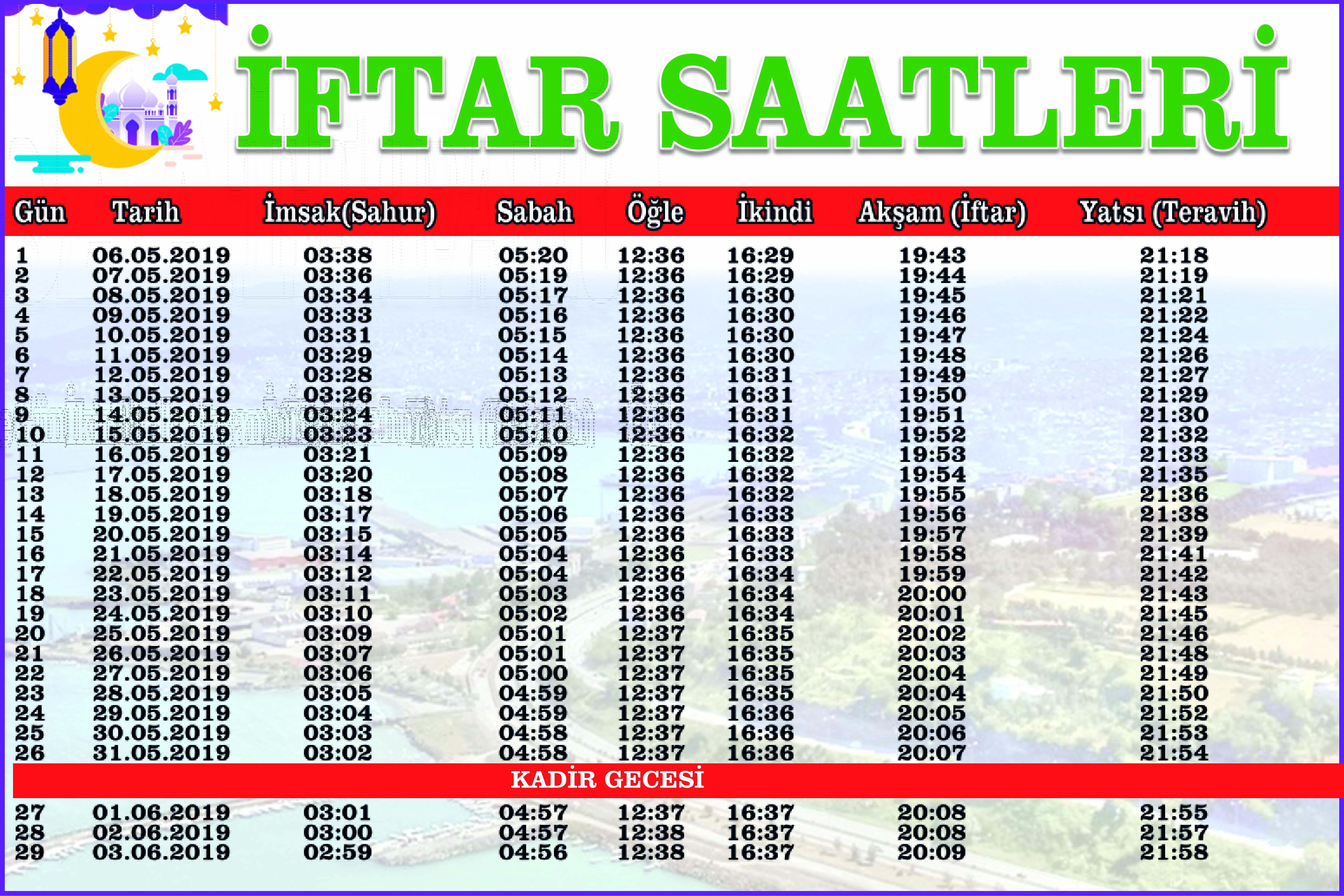 SAMSUN İÇİN İFTAR VE SAHUR VAKİTLERİ 